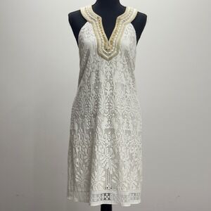 Lilly Pulitzer Calera Jungle White Lace Gold Beaded Halter‎ Sleeveless Size 4